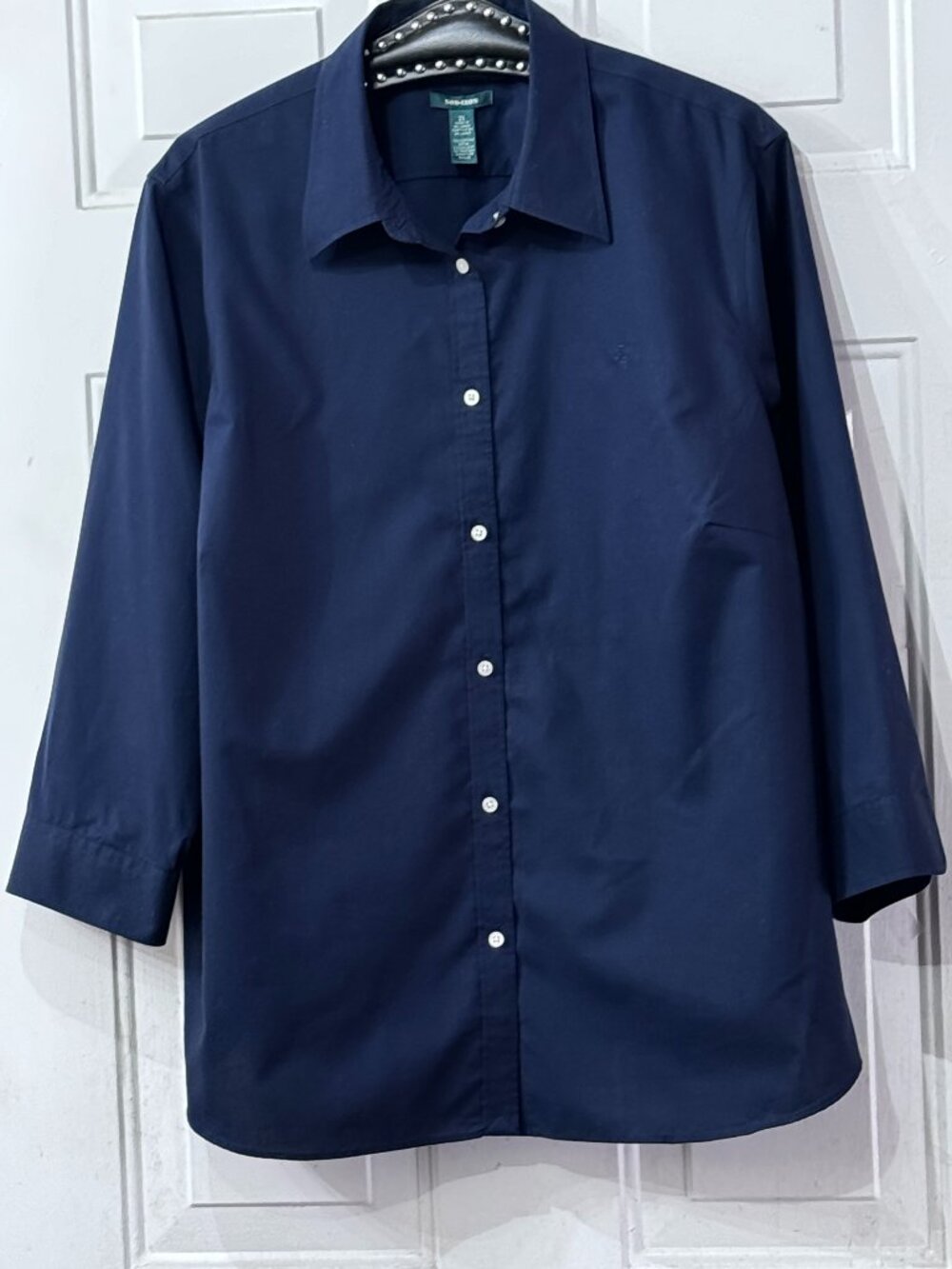 Lauren Ralph Lauren No Iron Sz 3X Blouse Button Up Shirt 3/4 Sleeve Dark Blue